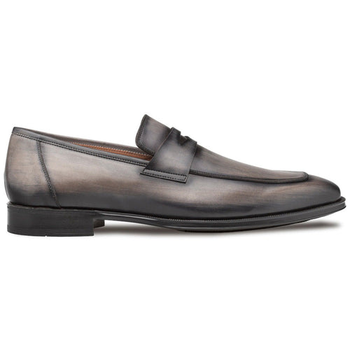 Dark grey Mezlan Avenue penny loafers. Smooth leather upper with classic penny slot. Slender profile, low rubber sole, and subtle gradient finish.
