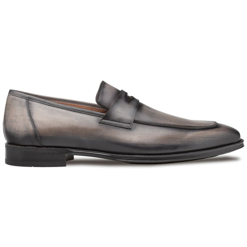 Dark grey Mezlan Avenue penny loafers. Smooth leather upper with classic penny slot. Slender profile, low rubber sole, and subtle gradient finish.

