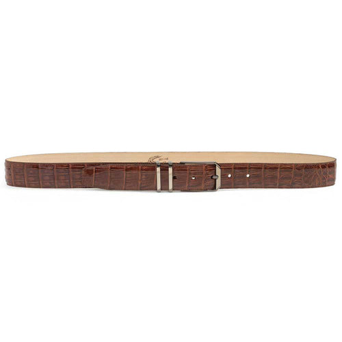 Brown Mezlan crocodile belt with a shiny finish and textured pattern. Features a silver-tone, pronged buckle and adjustable holes. Smooth beige inner lining.
