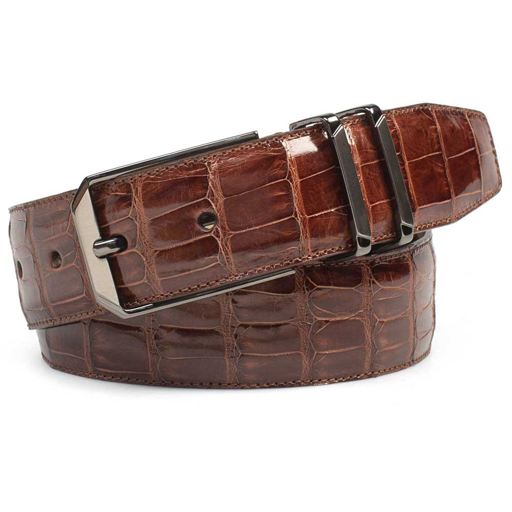 Mezlan crocodile belt: chocolate brown, textured skin. Polished silver rectangular buckle. Prongs secure through multiple holes. Long, rectangular shape for waist.
