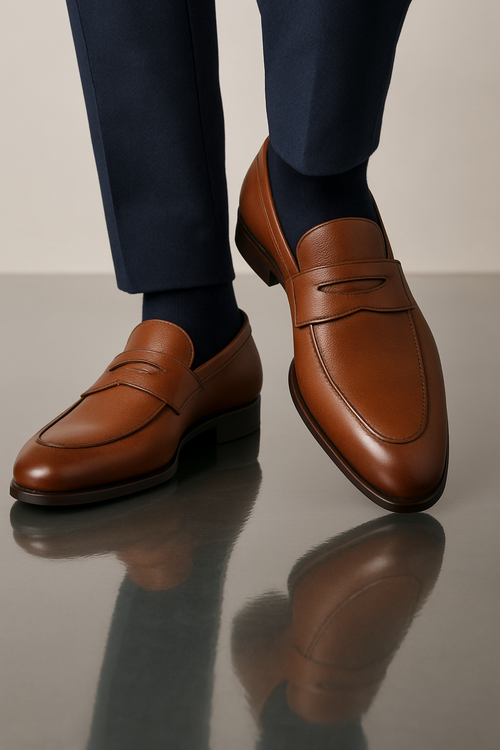 Mezlan Fabrizi penny loafer in cognac calfskin. Smooth texture, rounded shape, and low profile. Features penny slot and subtle stitching. Dark brown sole complements the even cognac color. Classic elegance.
