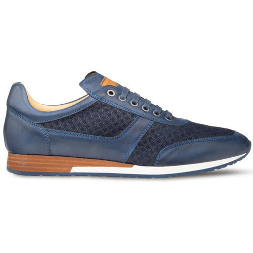 Blue Mezlan Maxim calfskin sneakers with textured sides. Smooth & textured calfskin upper, tan lining. Wooden heel, white sole with blue edge. Lace-up, rounded toe.
