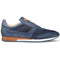 Blue Mezlan Maxim calfskin sneakers with textured sides. Smooth & textured calfskin upper, tan lining. Wooden heel, white sole with blue edge. Lace-up, rounded toe.
