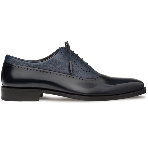 Mezlan Postdam shoes: blue deerskin upper with shiny finish & textured contrast. Rounded toe, decorative perforations. Black sole.
