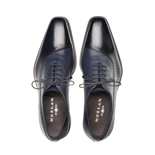 Mezlan Postdam shoes: Blue deerskin/calfskin. Pointed toe, polished finish. Textured & smooth leather upper, 5 eyelets. Slim profile, tailored silhouette, contrasting sole stitch.