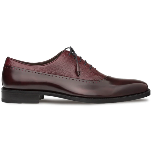 Mezlan Potsdam shoes: Burgundy deerskin & calfskin. Rounded toe, slender silhouette. Smooth finish, textured upper. Decorative perforations, slightly raised heel.
