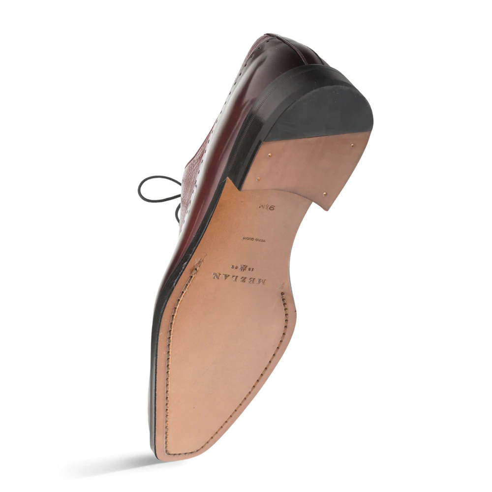 Mezlan Potsdam burgundy deerskin/calfskin shoes. Polished finish, pointed toe. Leather sole with rubber heel for support.
