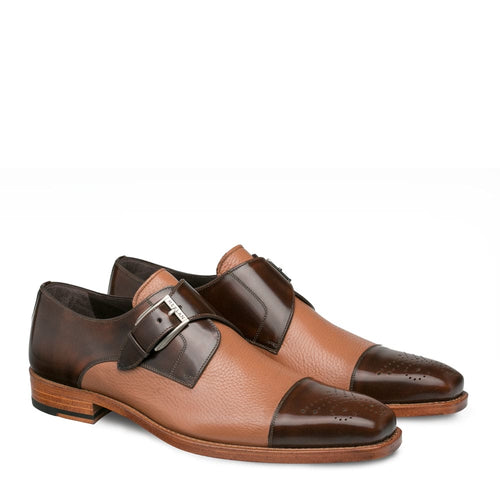 Mezlan Phoenix Men’s Monk Strap – Camel Deerskin Leather Cap Toe Dress Shoe, Handmade in Spain