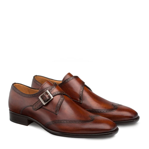Mezlan Forest Men’s Cognac Calfskin Wingtip Monk Strap Dress Shoe
