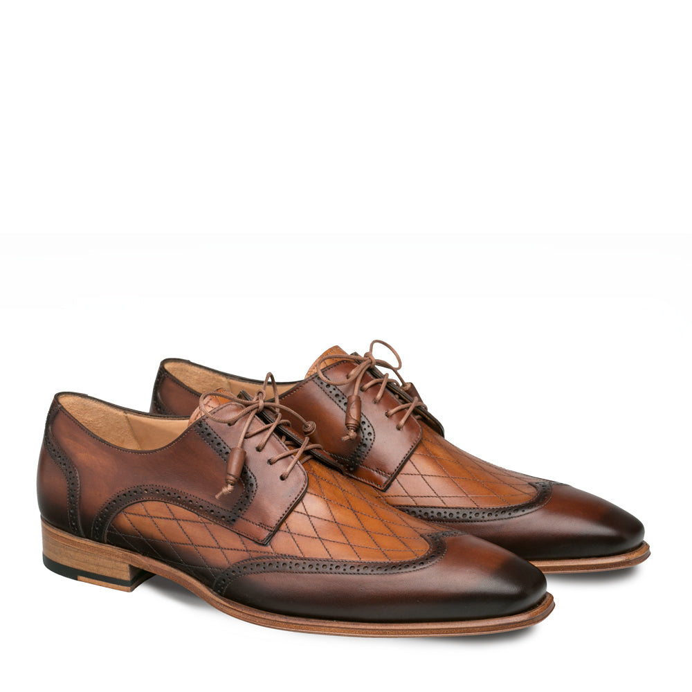 Mezlan Argento Men’s Cognac Wingtip Blucher – Diamond Etched Calfskin Dress Shoe