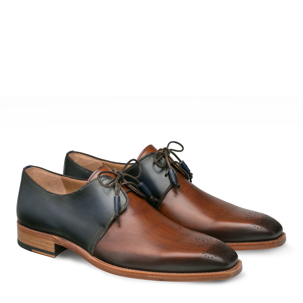 Mezlan Montes Men’s Navy & Cognac Two‑Tone Calfskin Dress Shoes – Handmade Plain Toe Blucher
