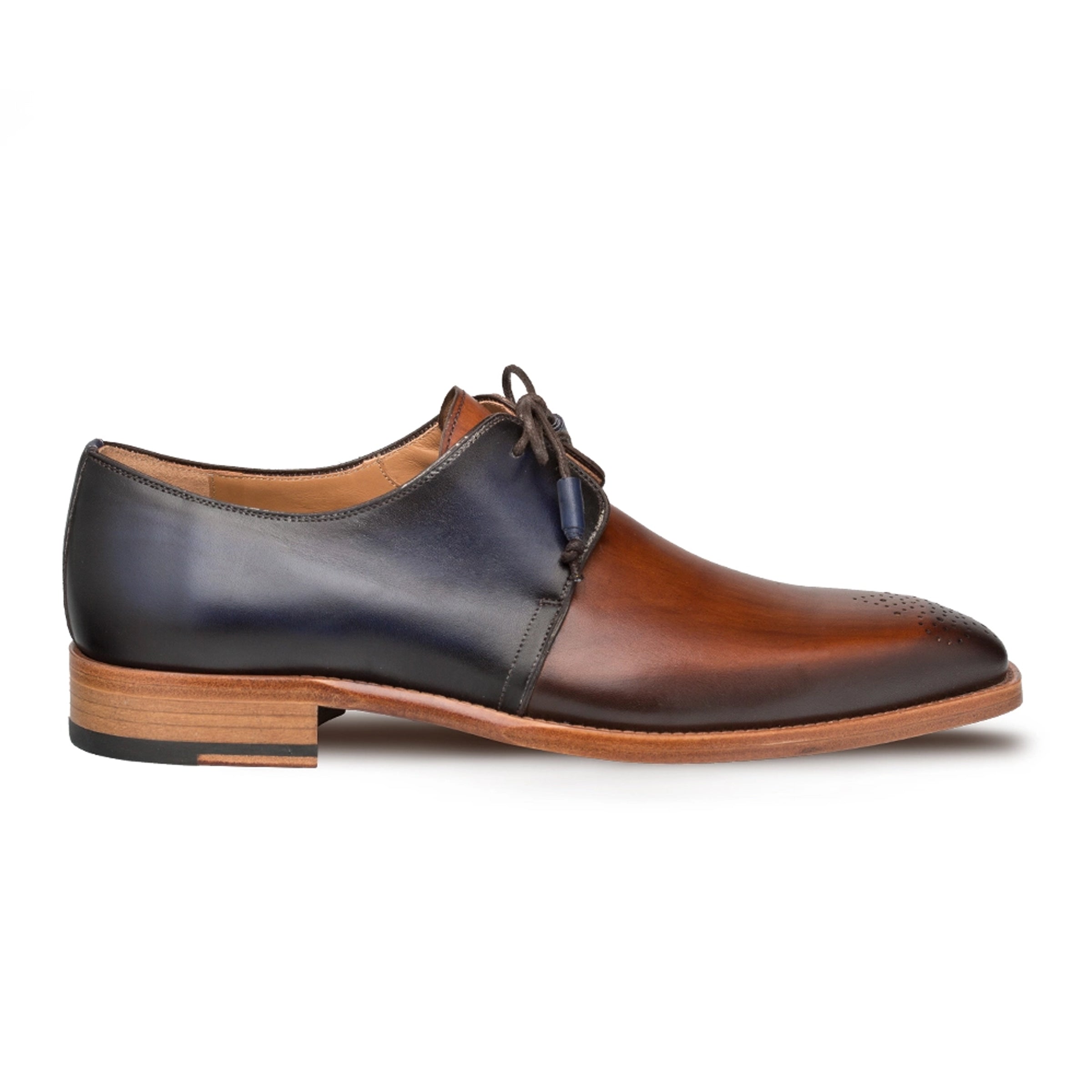 Mezlan Montes Men’s Navy & Cognac Two‑Tone Calfskin Dress Shoes – Handmade Plain Toe Blucher
