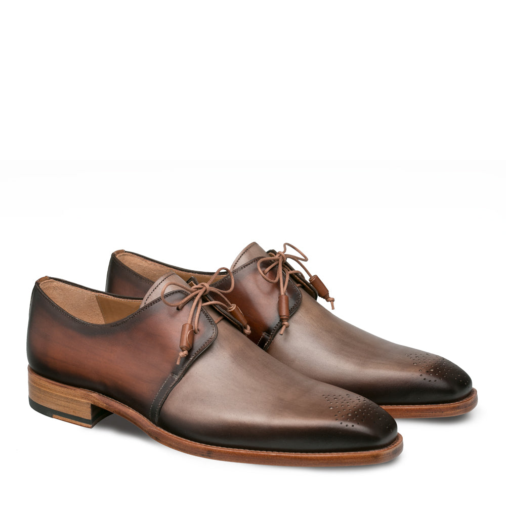 Mezlan Montes Men’s Taupe & Cognac Two‑Tone Calfskin Dress Shoes – Handmade Plain Toe Blucher