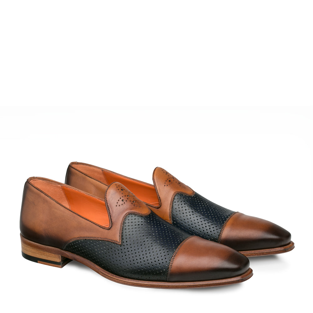 Mezlan Bora Men’s Tan & Blue Two‑Tone Calfskin Cap Toe Loafers – Handmade Luxury