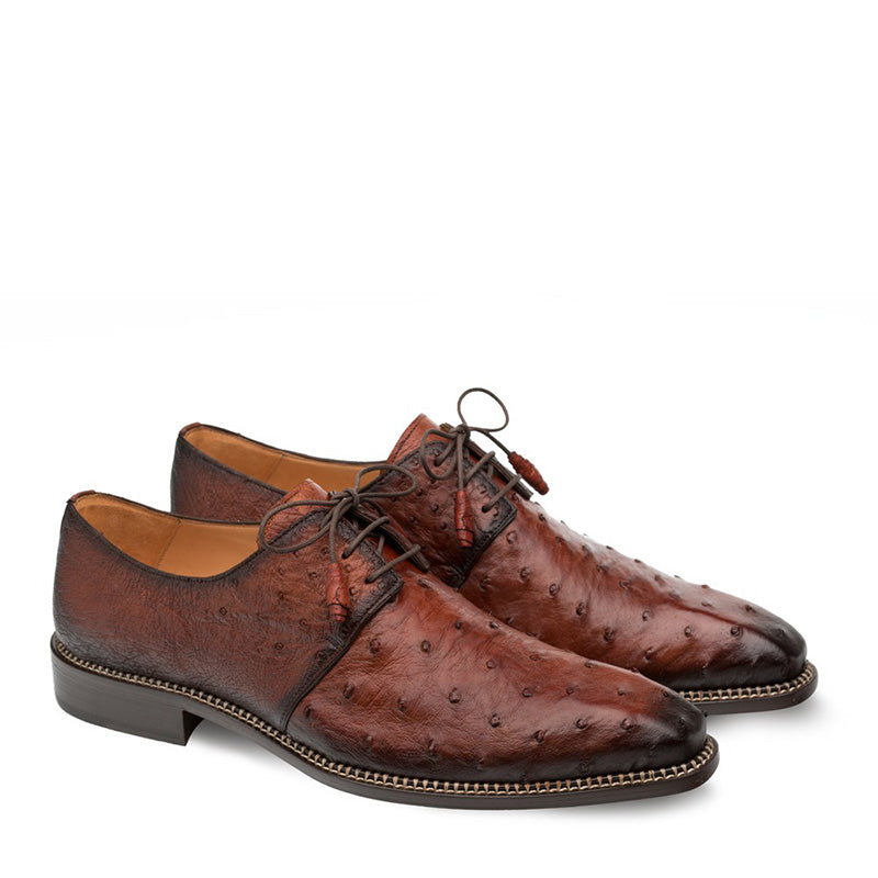 Mezlan Tillson ostrich blucher: Dark reddish-brown, textured ostrich leather upper. Rounded toe, slight heel elevation. Smooth leather lining, dark brown stacked heel. Brown laces, decorative sole stitching.
