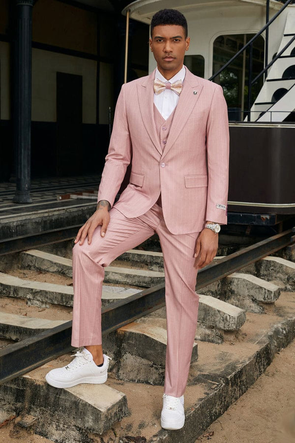 Mens Stacy Adams Suit -Stacy Adams Men's Modern Vested Suit - One Button, Rose Pink Pinstripe