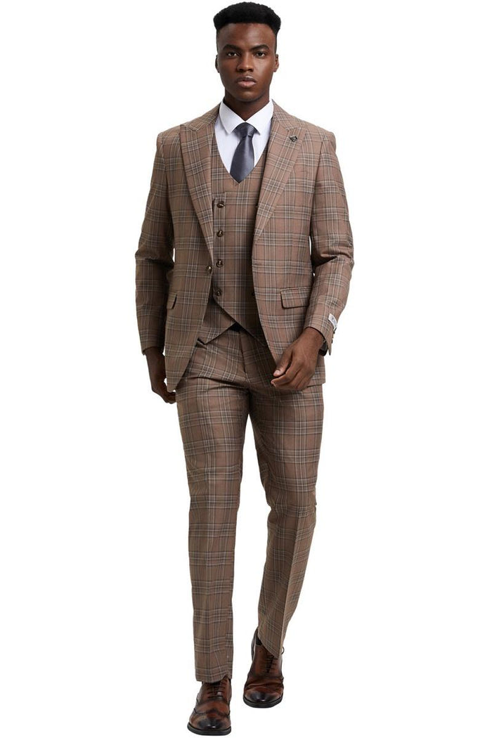 Men's Stacy Adams light brown plaid, one-button peak lapel double-breasted vest suit. Structured silhouette with slim-fit trousers. Features matching vest with three buttons.
