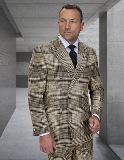 The men's two-piece suit is made of 100% wool with a modern fit. It features a double-breasted design and a plaid pattern in shades of beige and brown. The jacket has two rows of buttons and a structured silhouette, complemented by a matching pair of trousers.
