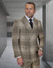 The men's two-piece suit is made of 100% wool with a modern fit. It features a double-breasted design and a plaid pattern in shades of beige and brown. The jacket has two rows of buttons and a structured silhouette, complemented by a matching pair of trousers.