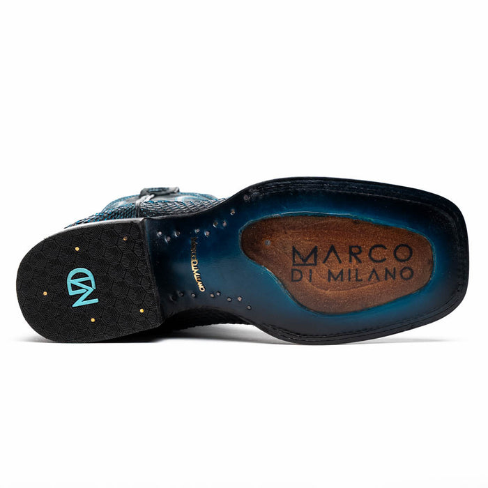 Black & blue python cowboy boots by Marco Di Milano. Square toe with a textured sole, dark base, and visible wooden inlay. Features "MARCO DI MILANO" logo.
