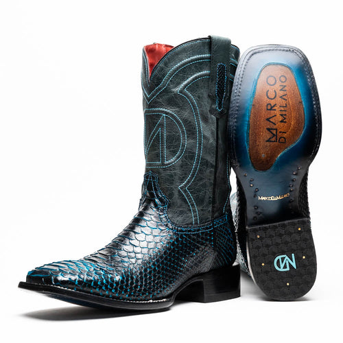 Marco Di Milano Missouri cowboy boots. Black python exterior with blue stitching & square toe. Blue shaft pattern, red lining. Branded sole with smooth finish.
