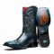 Marco Di Milano Missouri cowboy boots. Black python exterior with blue stitching & square toe. Blue shaft pattern, red lining. Branded sole with smooth finish.
