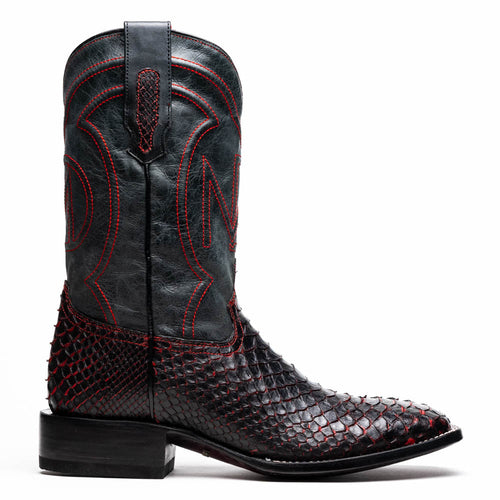Marco Di Milano Missouri Cowboy Boots. Black leather shaft with red stitching, and textured black python-look lower. Square toe, block heel.
