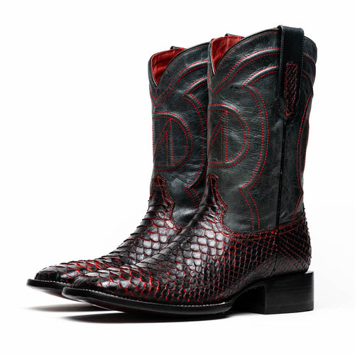 Marco Di Milano Missouri cowboy boots. Black leather upper with red stitching. Black cherry python foot, square toe. Short stacked heel, pull tabs. Stylish and unique design.
