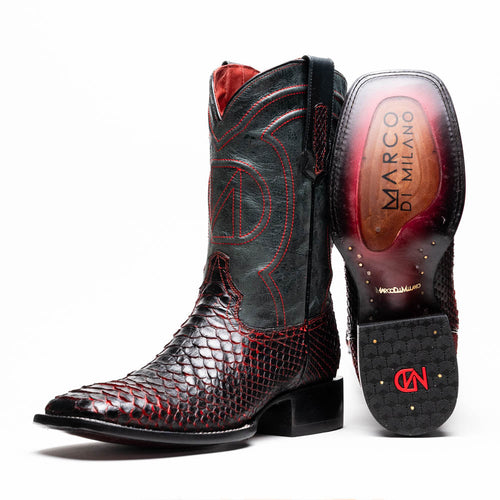 Marco Di Milano Missouri Cowboy Boots: Blackcherry python skin, square toe, red stitching, decorative design, black heel, finished sole. Red fabric lining.
