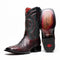 Marco Di Milano Missouri Cowboy Boots: Blackcherry python skin, square toe, red stitching, decorative design, black heel, finished sole. Red fabric lining.
