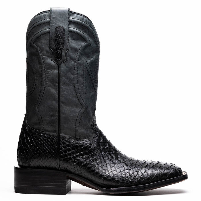 Marco Di Milano Missouri cowboy boots. Black python skin body with decorative stitching on a black leather shaft, square toe, and stacked wooden heel for a raised appearance.
