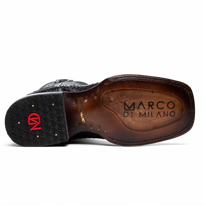 Marco Di Milano Missouri cowboy boots in black python. Square toe, textured leather, dark sole with embossed branding and gold accents. Structured heel for stability, patterned outsole.
