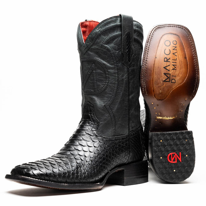 Marco Di Milano Missouri cowboy boots in black python. Pointed square toe, textured leather. Intricate stitched shaft, red lining, and leather sole with brand name. Slightly raised heel.
