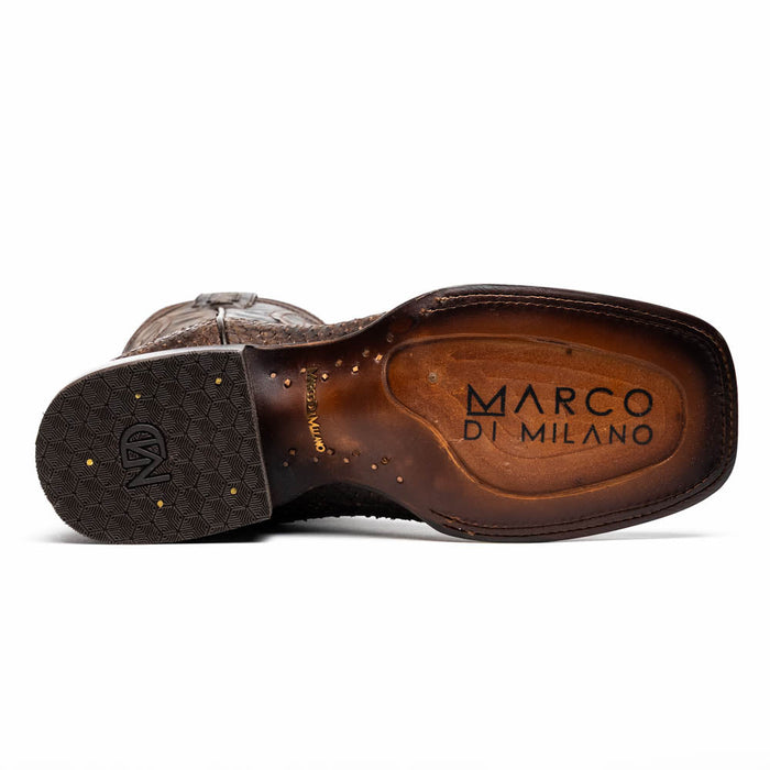 Marco Di Milano Missouri cowboy boots. Brown python skin upper, square toe. Leather sole with honeycomb pattern and brand mark. Fine stitching details.
