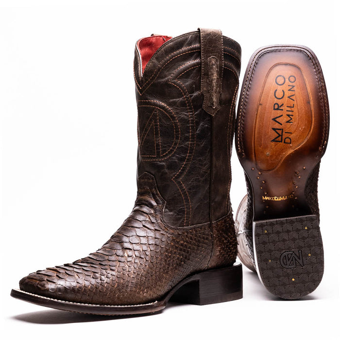 Marco Di Milano Missouri cowboy boots. Brown python skin, square toe, tall shaft with decorative stitching and red lining. Flat sole with embossed branding.
