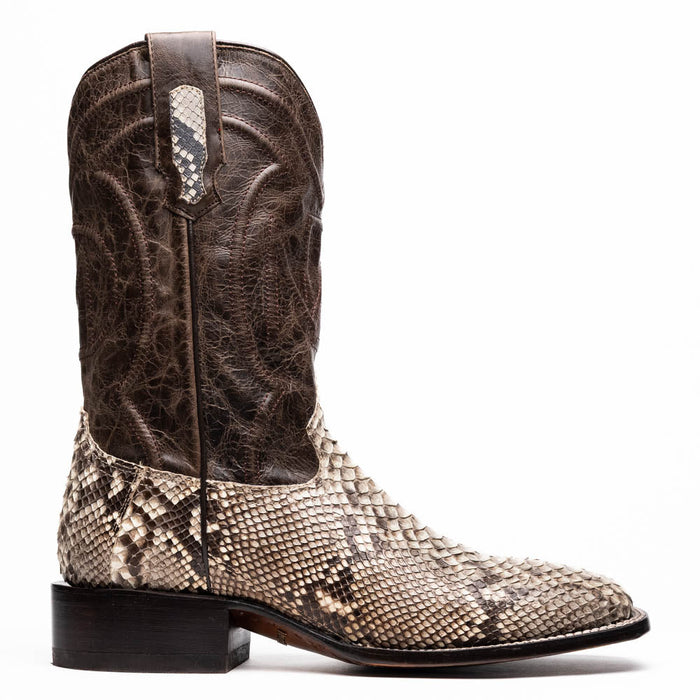 Marco Di Milano Missouri cowboy boots: Tall, dark brown embossed shaft with natural tan & cream python lower. Square toe, stacked heel.
