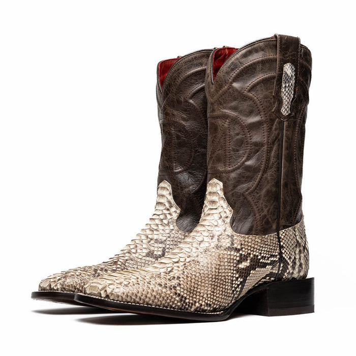 Marco Di Milano Missouri cowboy boots. Natural python vamp, square toe, dark brown leather shaft. Cream/tan python pattern with visible scales. Decorative stitching and angled heel. Pull tabs.
