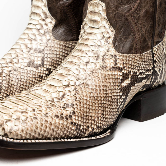 Marco Di Milano Missouri Cowboy Boots: Natural python leather upper in beige with darker tones. Square toe, contrasting brown shaft, stitched trim, and low stacked heel for stability.
