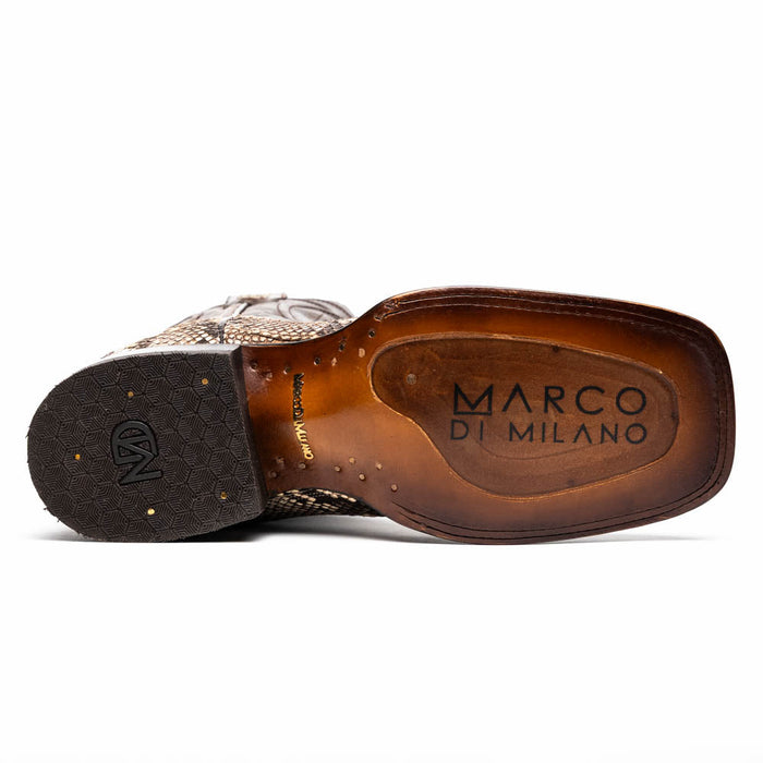 Marco Di Milano Missouri boots: Natural python skin upper, square toe, and flat leather sole with hexagonal pattern and logo. Provides a wide front.
