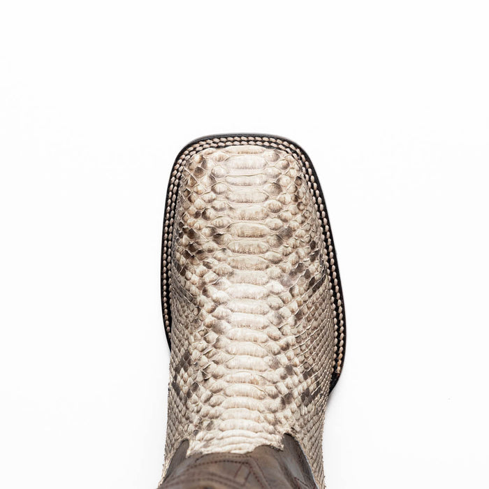 Marco Di Milano Missouri Cowboy Boots. Natural python leather with square toe. Light beige upper with brown heel and base. Prominent edge stitching.
