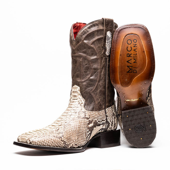 Marco Di Milano Missouri cowboy boots: natural python toe, brown leather shaft. Square toe, detailed stitching. Flat sole with heel, logo branding. Red interior lining.
