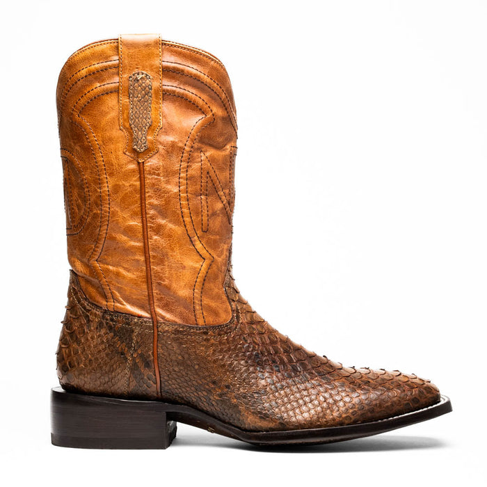 Marco Di Milano Missouri Cowboy Boots. Tall, textured brown leather shaft with python skin lower. Square toe, stacked heel. Decorative stitching. Distinct scale pattern.
