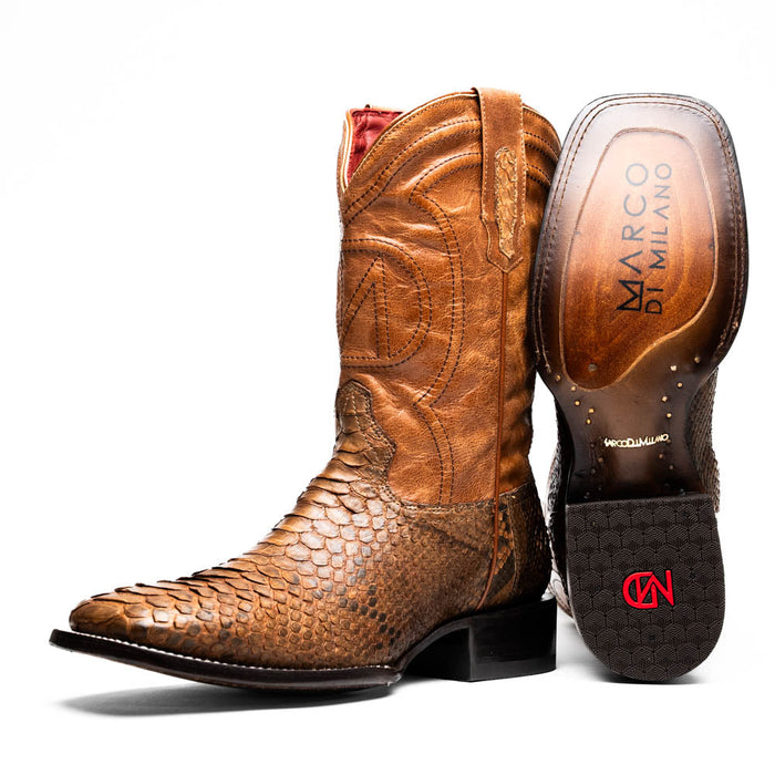 Marco Di Milano Missouri cognac python cowboy boots. Tall shaft, textured scaled finish, smooth cognac upper. Square toe, brand logo sole, rubber tread. Visible stitching.
