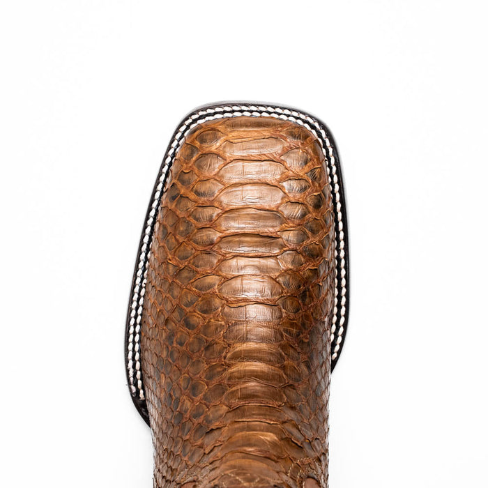 Marco Di Milano Missouri cowboy boots. Brown, textured python skin upper with a square toe. Contrasting white stitching details the edge.

