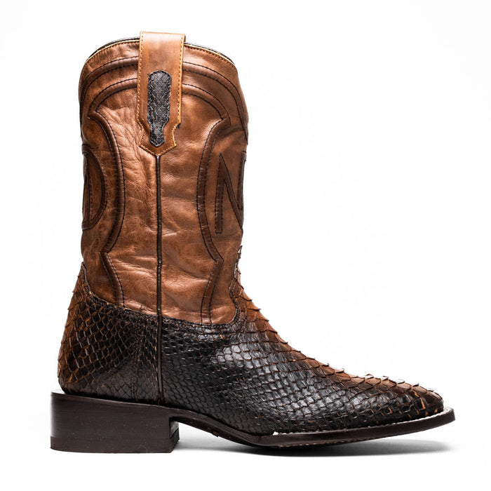 Brown leather shaft with ornate stitching meets black python foot. These Marco Di Milano cowboy boots boast a square toe, stacked heel, and scaled texture for a stylish look.
