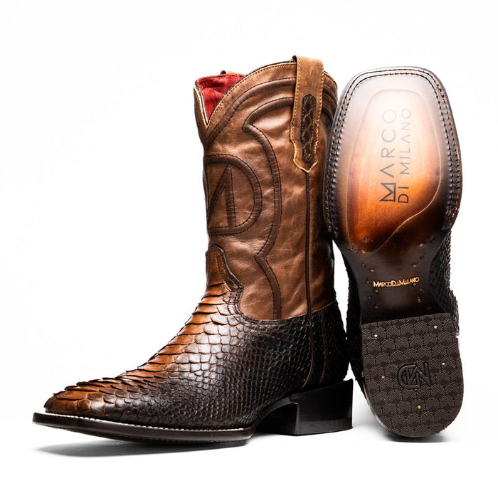 Marco Di Milano Missouri Lisboa Python cowboy boots. Square toe, brown leather & textured python upper. Intricate stitching & red lining. Dark, flat sole with branding. Mid-calf height.
