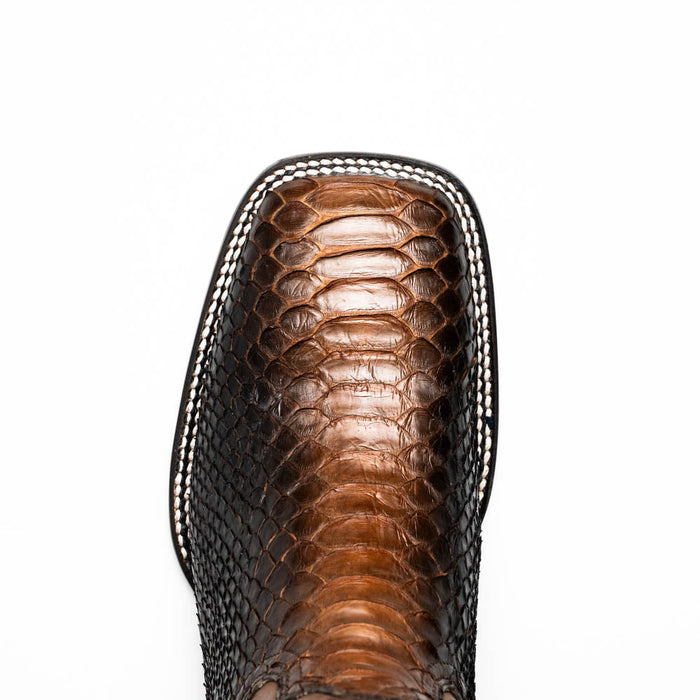 Marco Di Milano Missouri Lisboa cowboy boots. Square toe, snake skin texture upper in glossy brown. White stitching outlines the boot.
