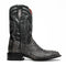 Marco Di Milano Missouri boots: Square toe, black leather upper with stitching, decorative pattern. Gray/white python skin lower, stacked heel. Structured, stylish cowboy design.
