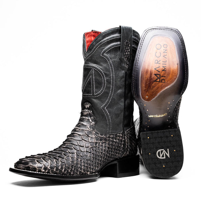 White python cowboy boots by Marco Di Milano. Black textured python upper with square toe. Red leather lining and decorative shaft stitching. Branded outsole with grip studs.
