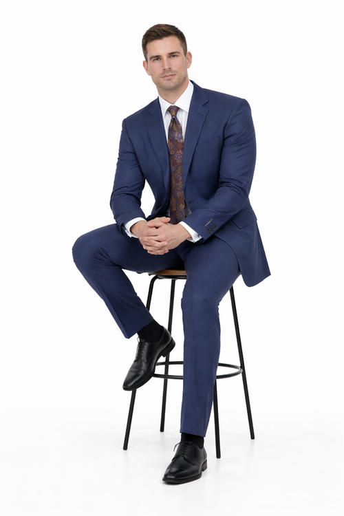 Mix And Match Suits Men's 2 Button Portly Fit Blue Plaid Pattern With Overcheck Suit Executive Fit Suit - Mens Portly Suit